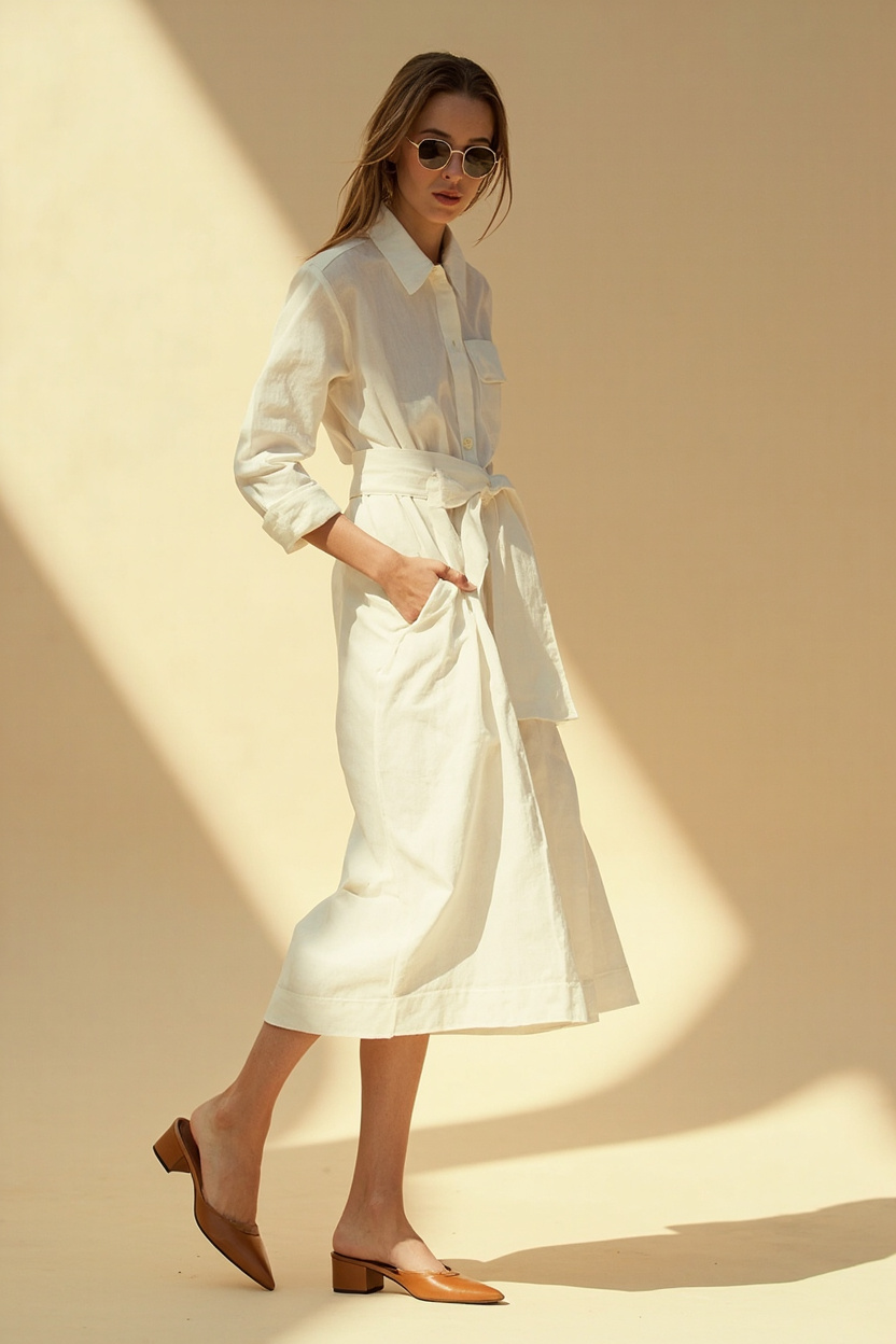 Belted Shirt Dress and Low Heels