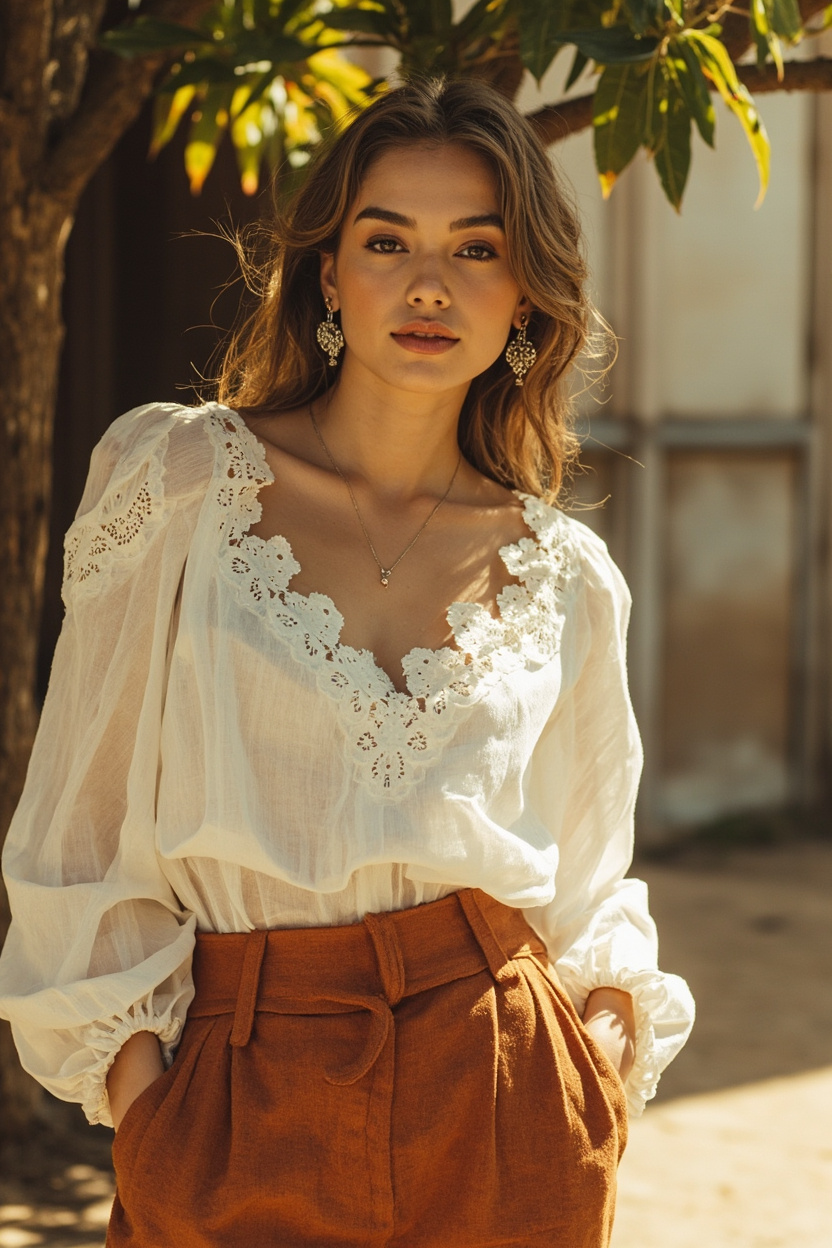 Boho Blouse with High-Waist Trousers