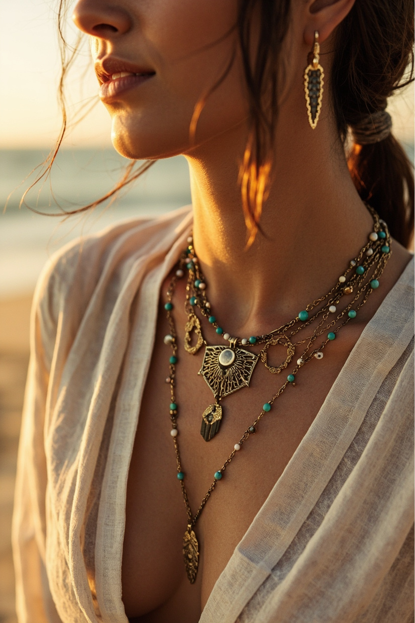 Boho Jumpsuit with Layered Necklaces