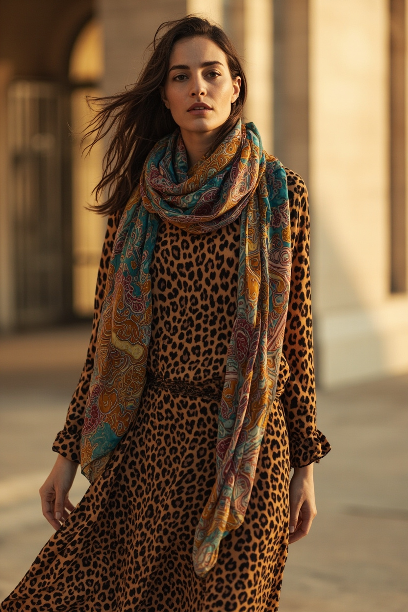 Boho Leopard Midi with Paisley Scarf