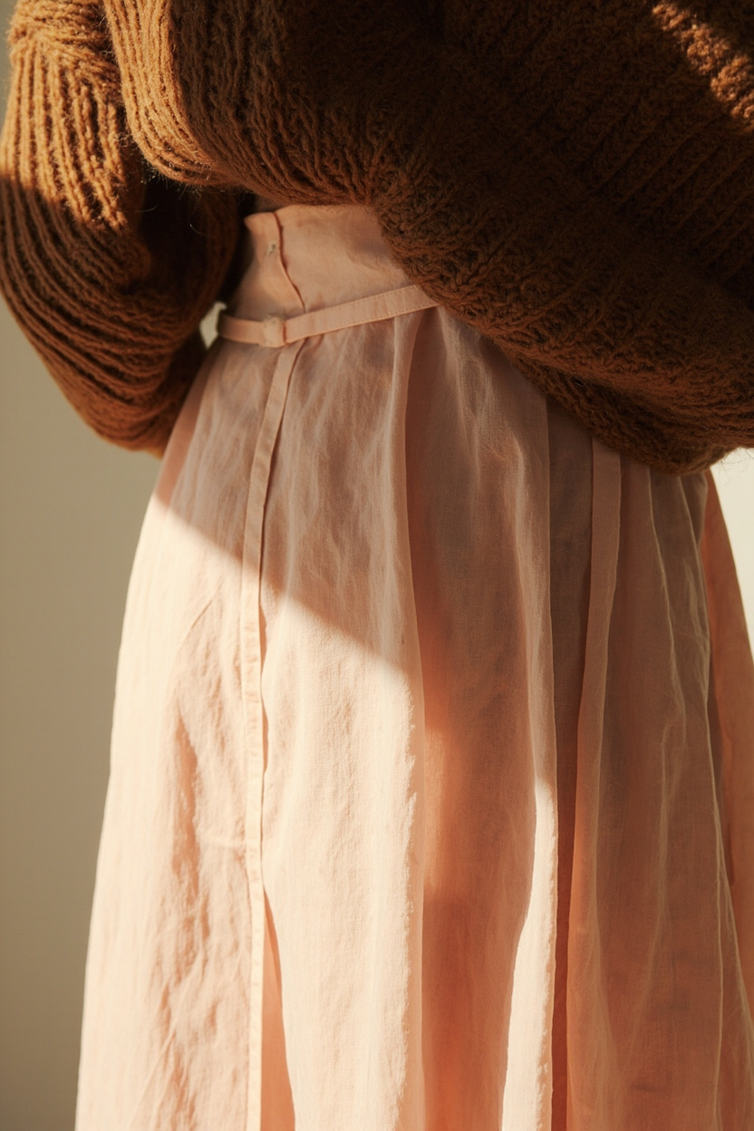 Brown Knit with Baby Pink Midi Skirt