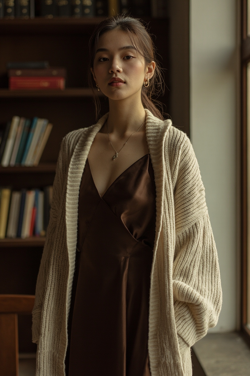 Cardigan Draped over Midi Slip