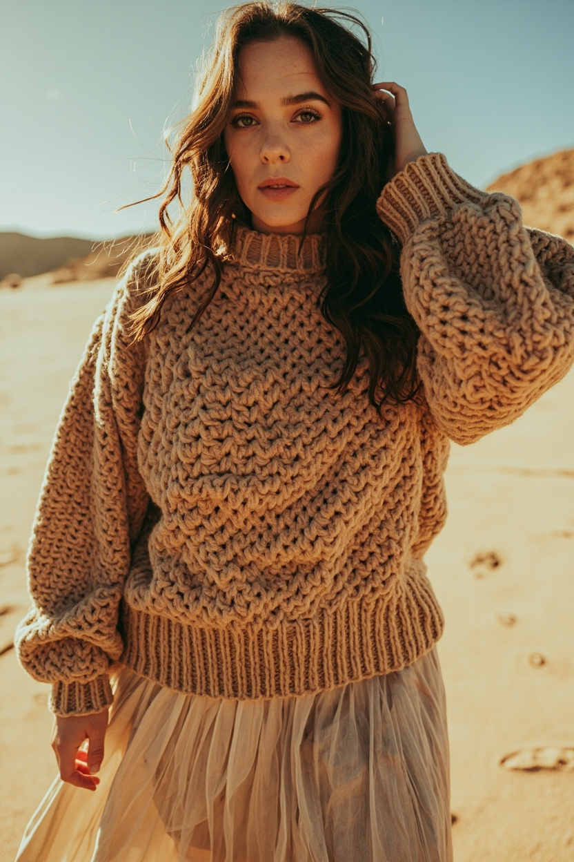 Chunky Crochet Sweater + Pleated Maxi