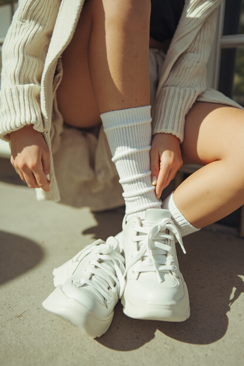 Chunky White Sneakers and Knee Socks