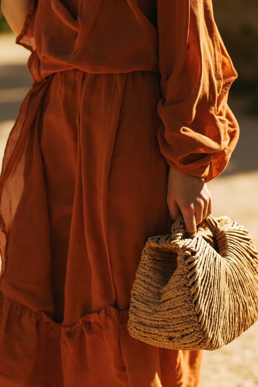 Earth-Toned Dress and Raffia Bag