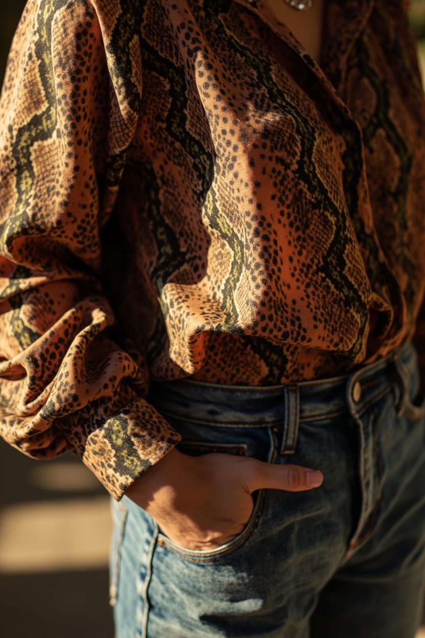 Earthy Snake Print Blouse with Denim