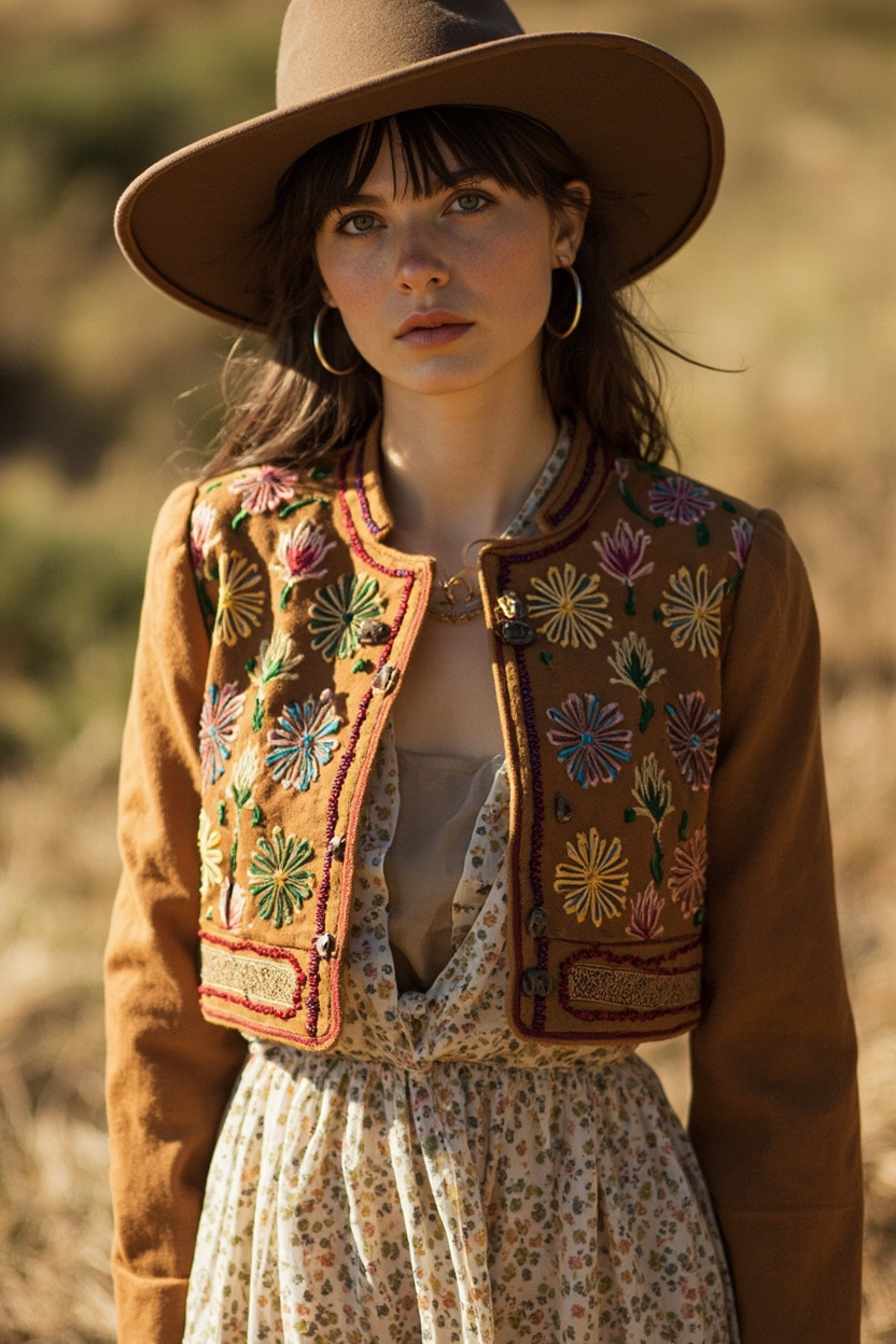 Embroidered Jacket over Ditsy Floral Dress