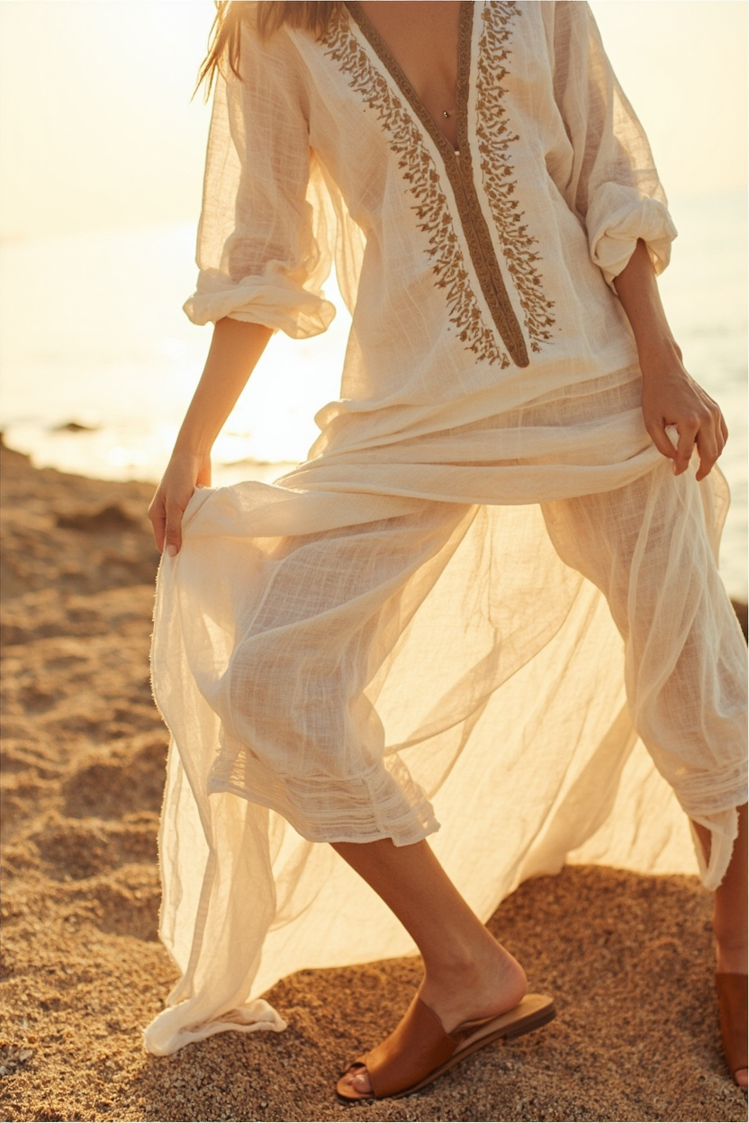 Embroidered Tunic and Slide Sandals