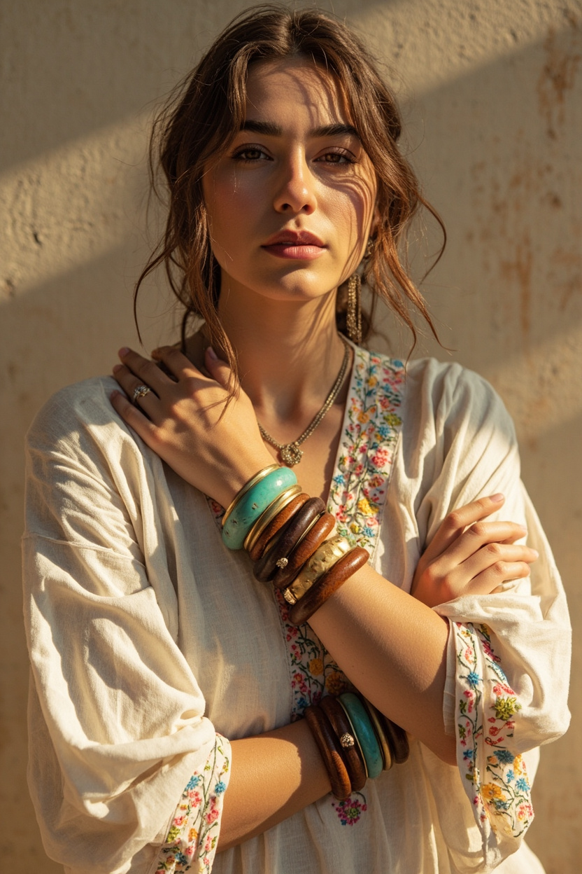 Embroidered Tunics and Chunky Bracelets