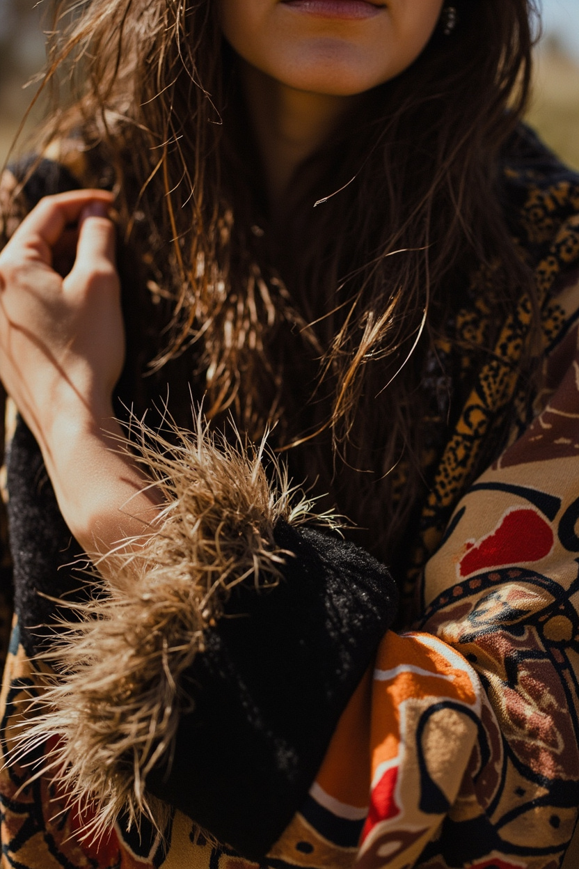 Feather Trim Coat with Abstract Prints