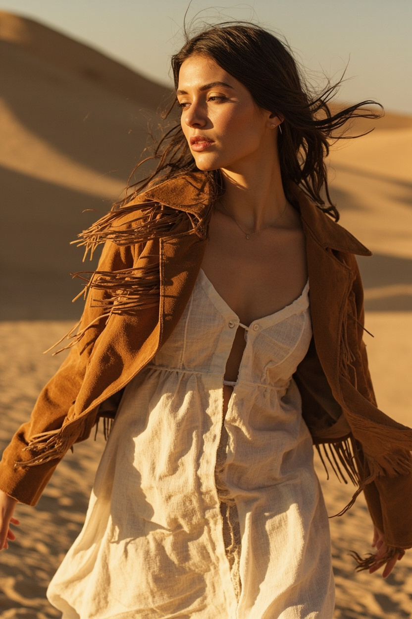 Fringed Suede Jacket over Linen Dress