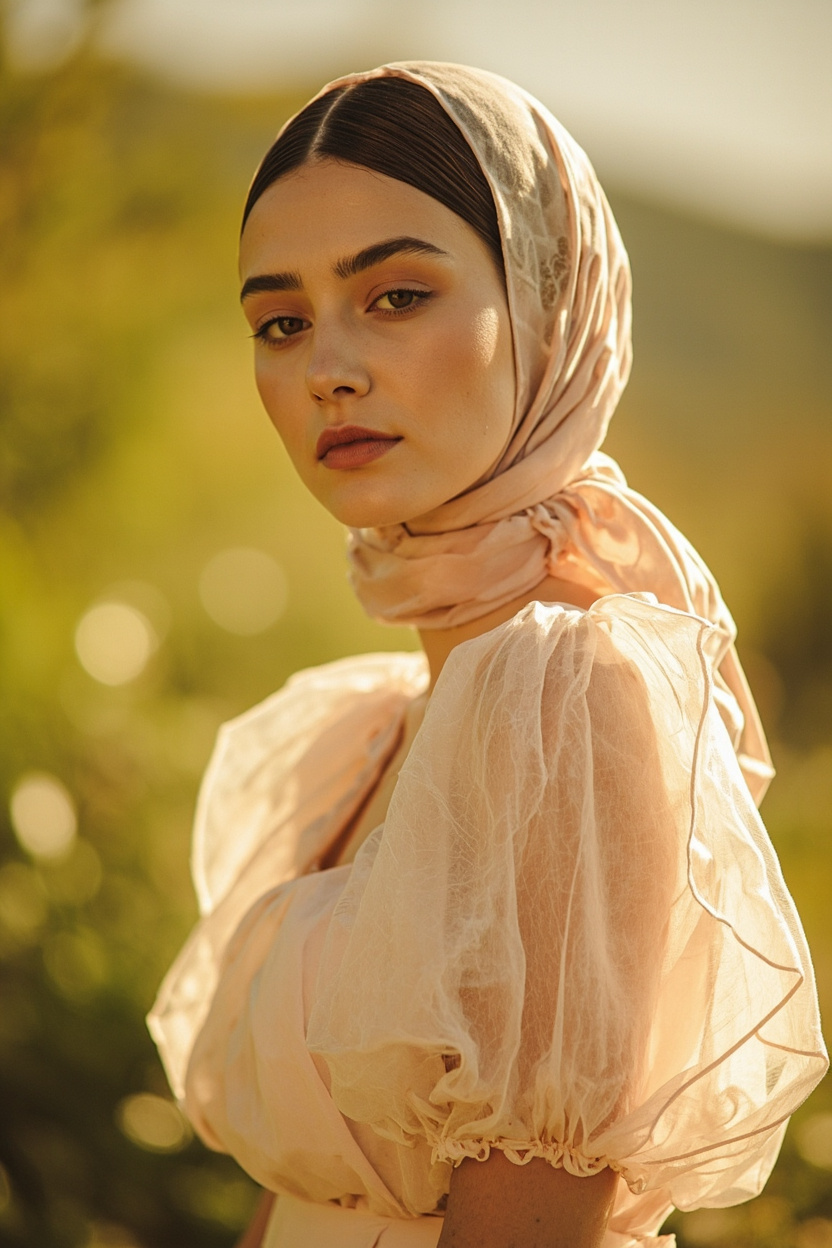 Headscarf and Puff-Sleeve Blouse