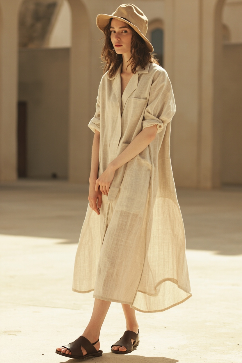Linen Midi Dress + Leather Sandals