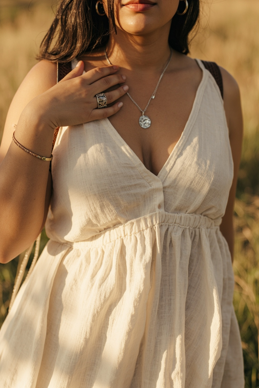 Linen Midi Dress + Minimal Boho Accessories