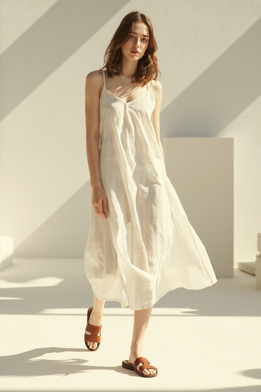 Linen Slip Dress and Leather Sandals