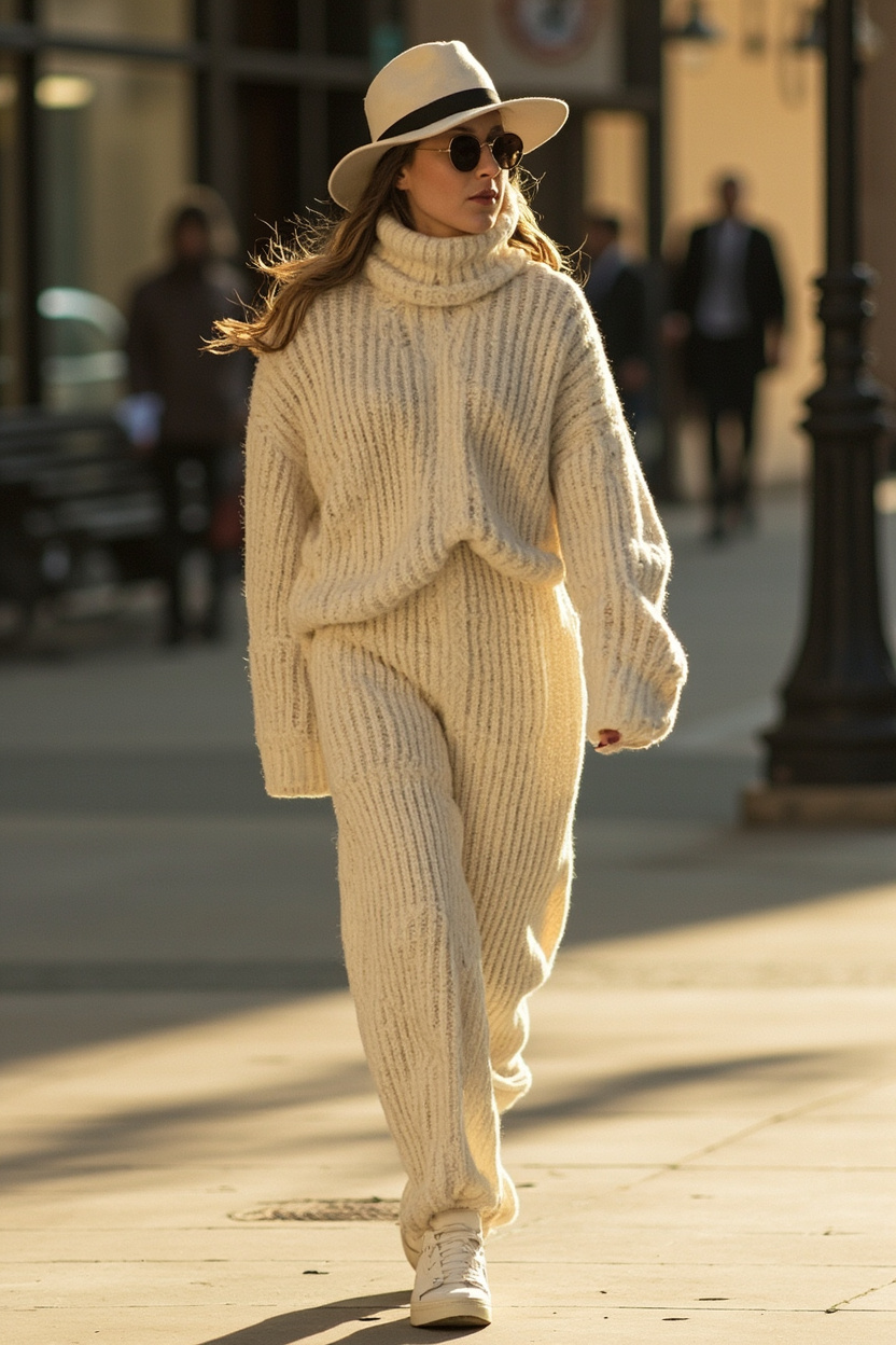 Monochrome Knit Set with Sneakers