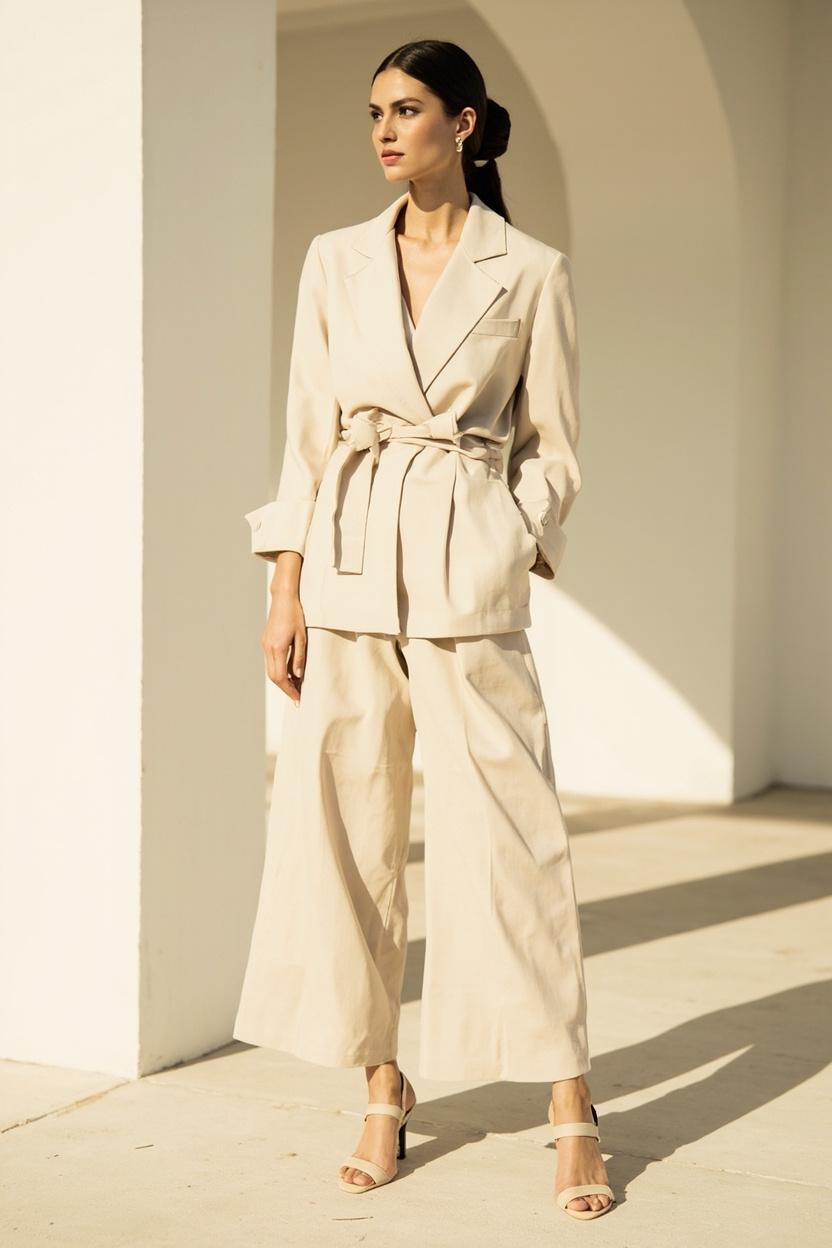 Neutral Jumpsuit and Thin-Strap Sandals