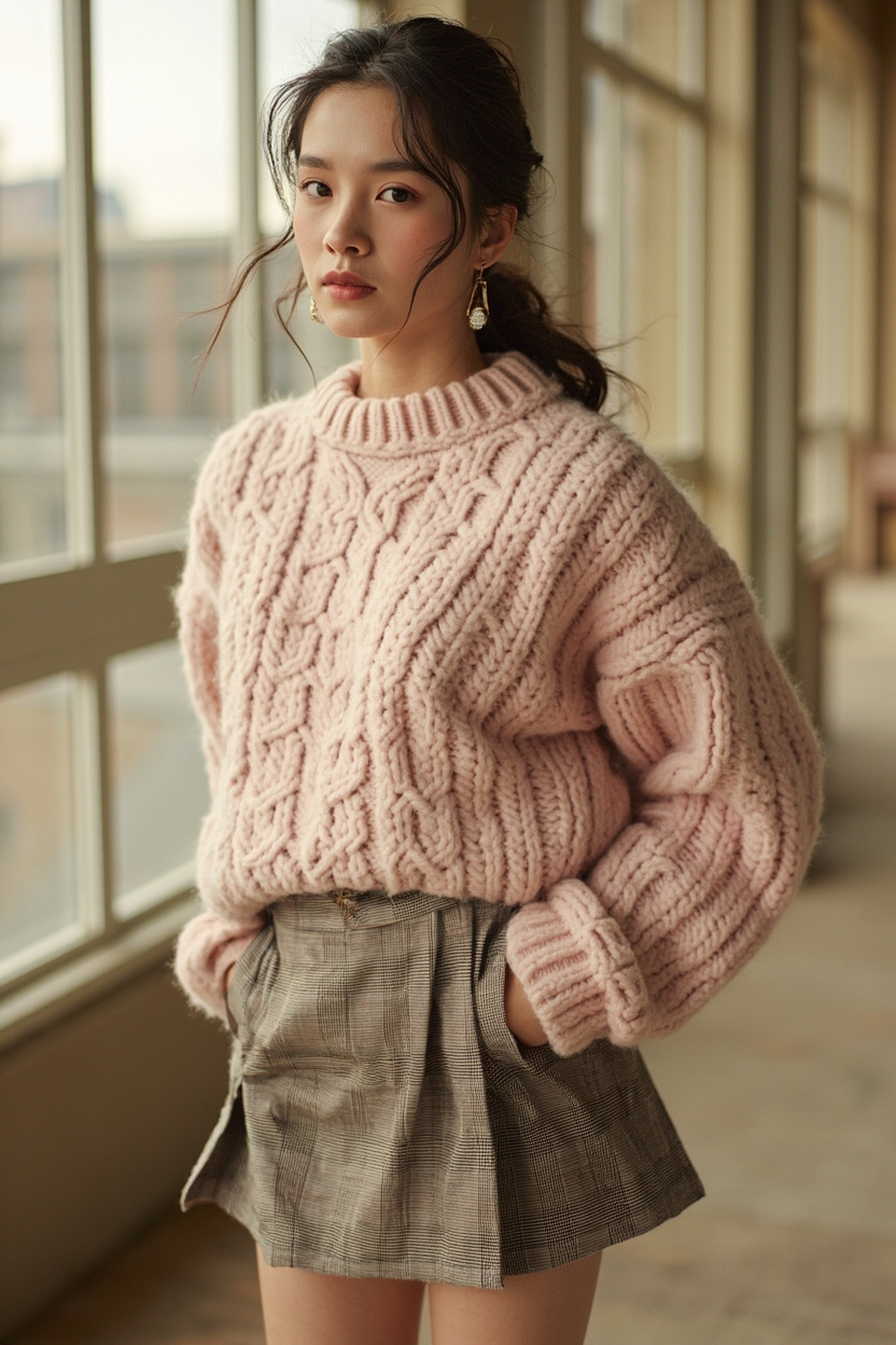 Pastel Sweater with Plaid Mini Skirt