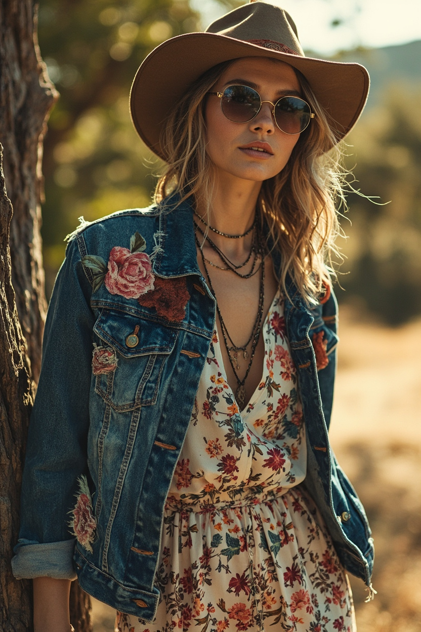 Patchwork Denim Jacket and Floral Romper