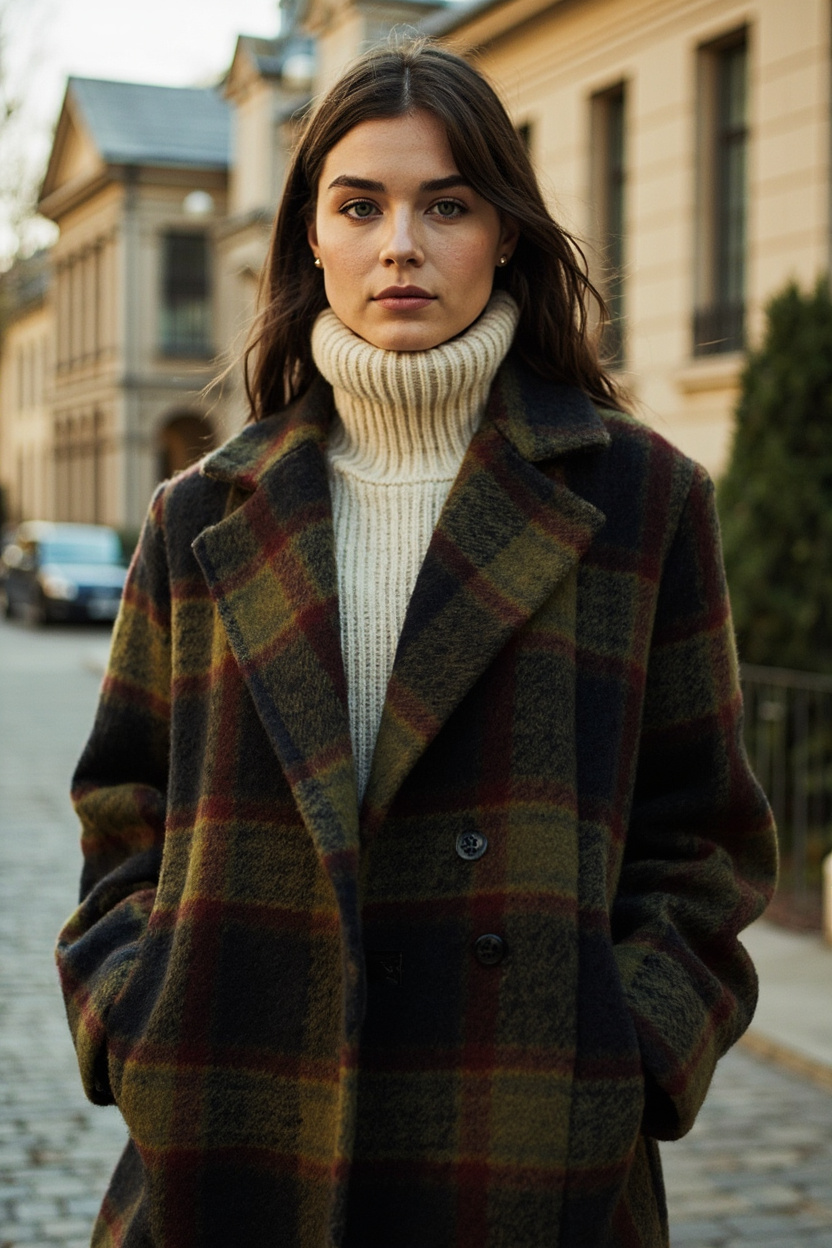 Plaid Coat with Wool Turtleneck