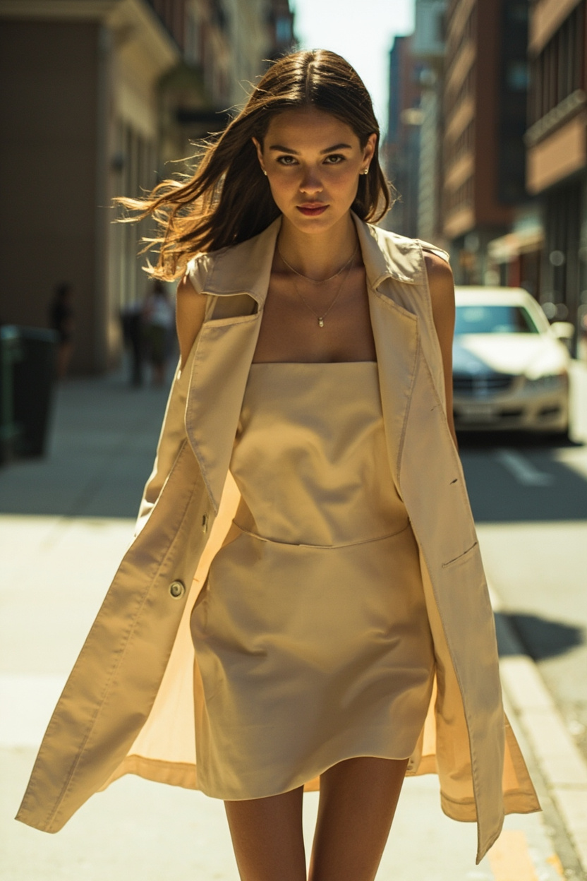 Sleeveless Trench over Mini Dress