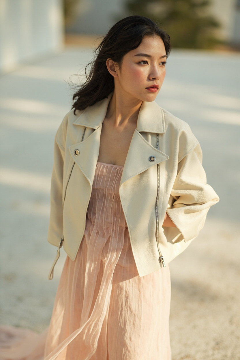 Soft Leather Jacket with Pastel Dress