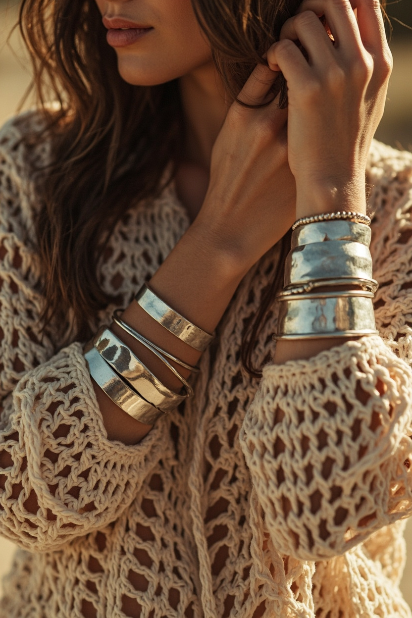 Stacked Silver Cuffs with Crochet Tops