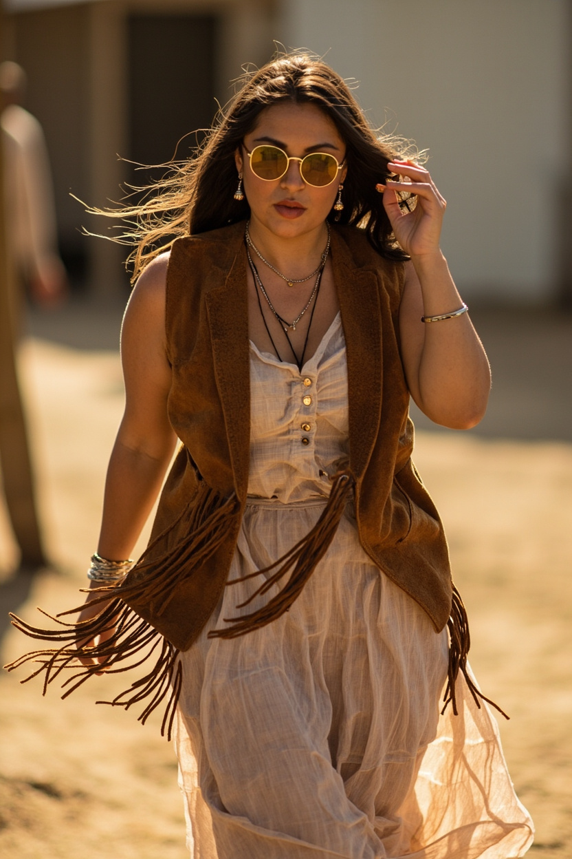 Suede Fringe Vest + Flowy Midi Skirt