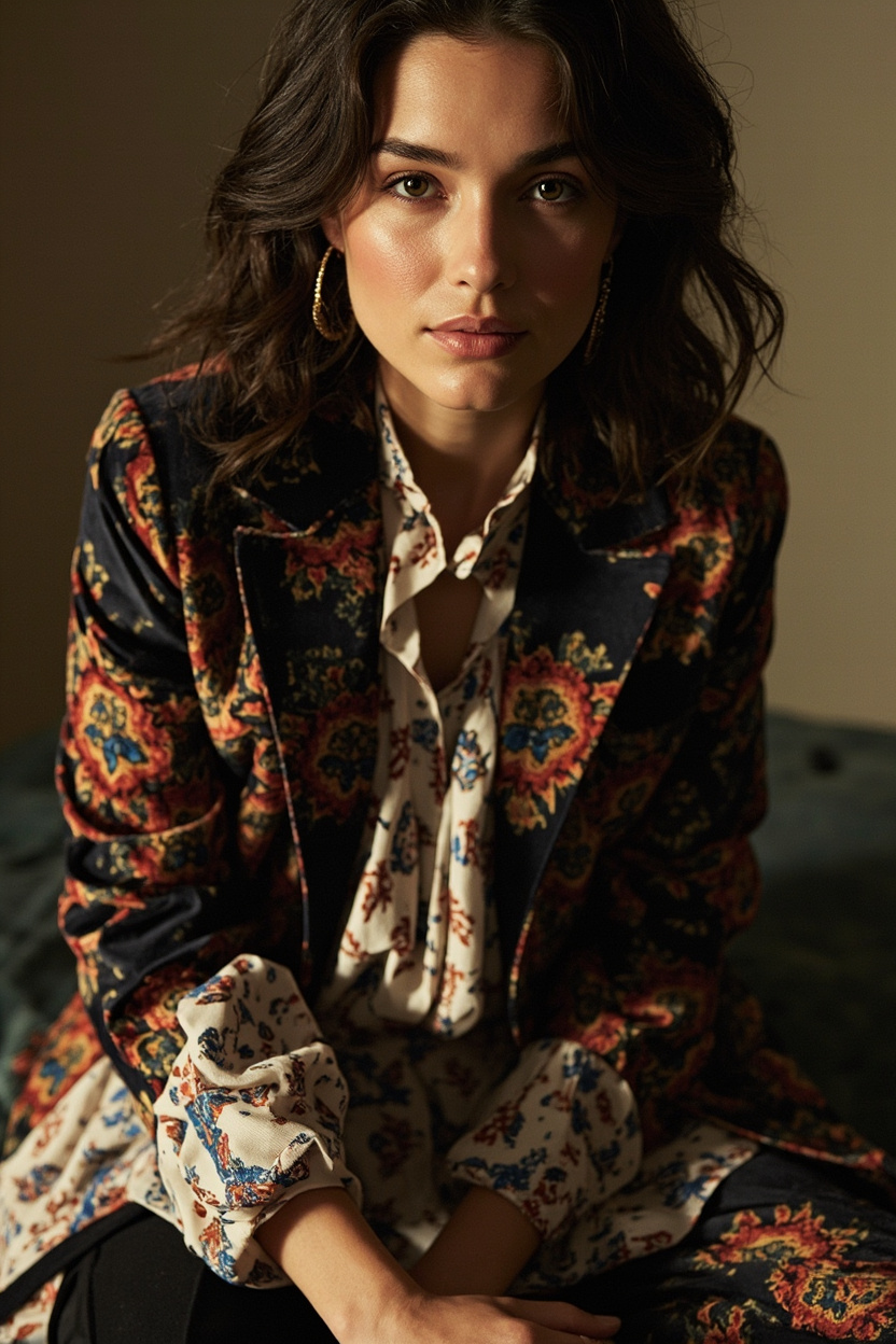 Velvet Printed Blazer with Peasant Blouse